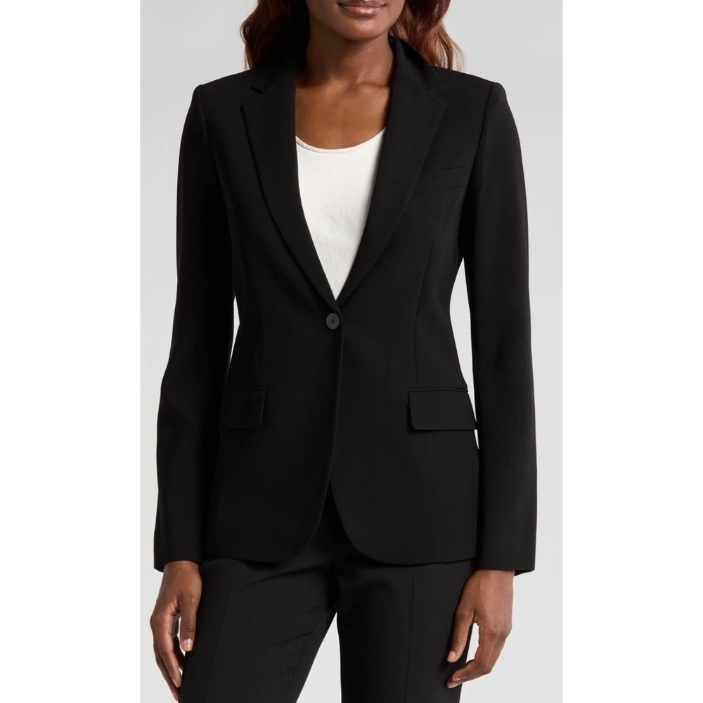 Theory Black Lined Wool Stretch One Button Flap Pockets Jacket Blazer Sz 0